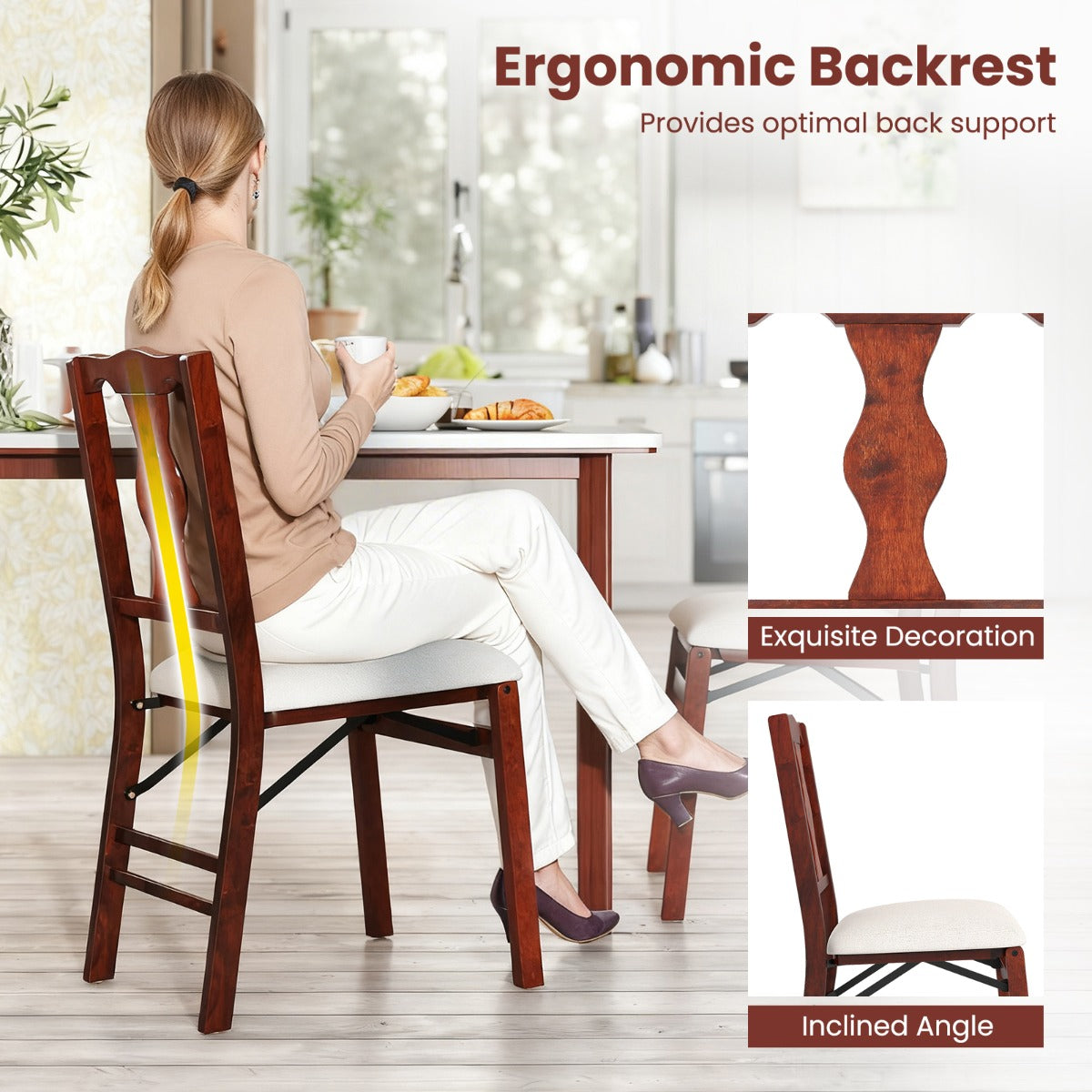 Livsk costway set van 2 4 klapstoelen eetkamerstoelen met comfortabele gestoffeerde zittingen en rubberen boomhouten frame 6 1
