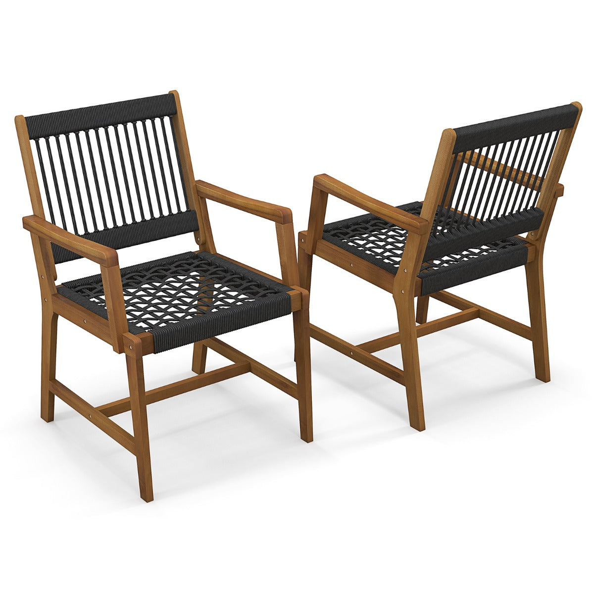 LIVSK Weerbestendige Terrasstoelen - Handgeweven Kunststof Touw - Acaciahouten Frame - Ergonomisch Design - Zwart en naturel