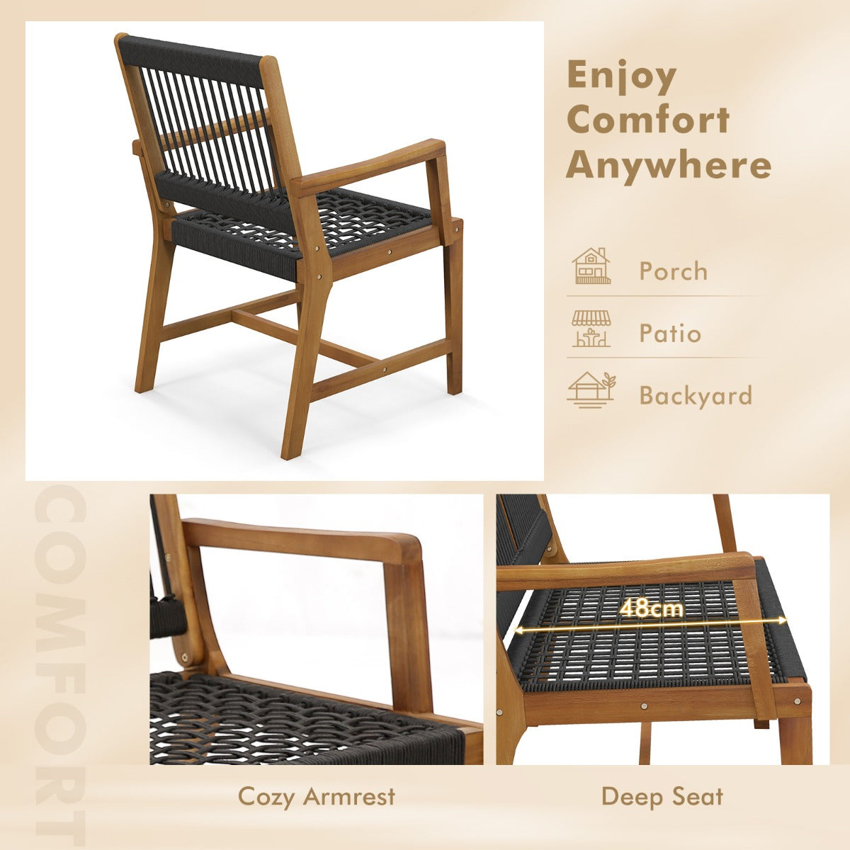 LIVSK Weerbestendige Terrasstoelen - Handgeweven Kunststof Touw - Acaciahouten Frame - Ergonomisch Design - Zwart en naturel
