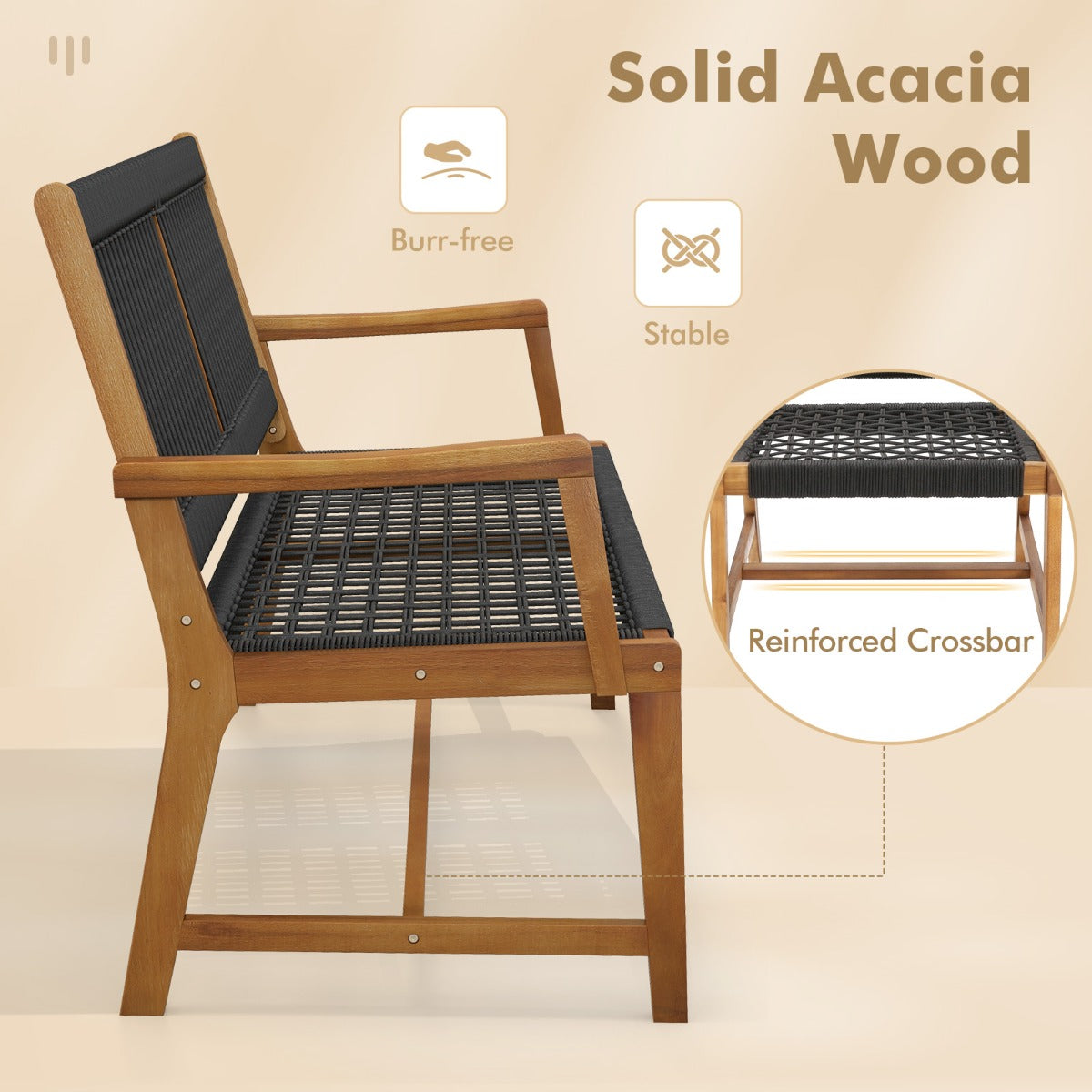 LIVSK Weerbestendige Terrasstoelen - Handgeweven Kunststof Touw - Acaciahouten Frame - Ergonomisch Design - Zwart en naturel