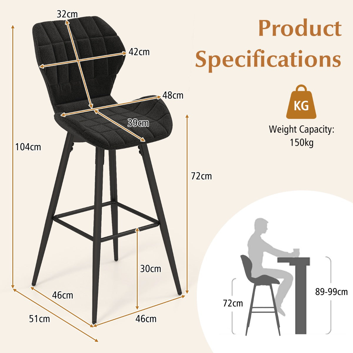 LIVSK Tweedelige Barkrukkenset - Ergonomisch Ontwerp - Verstelbare Voetsteun - Stevig Metalen Frame - Tot 150 kg - Zwart