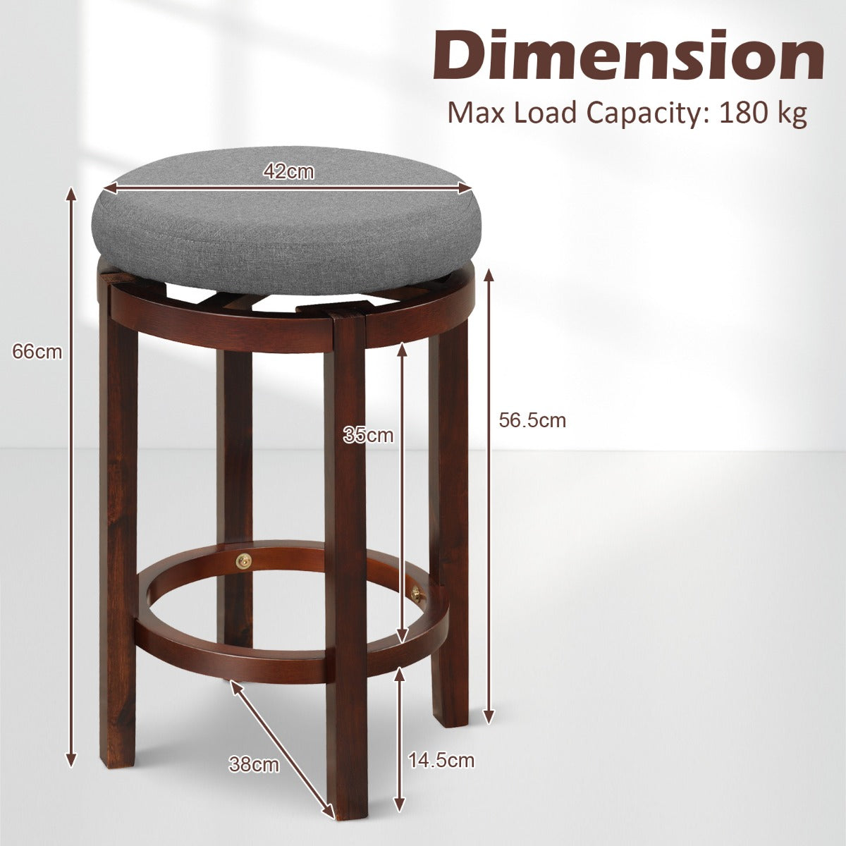 LIVSK Barkrukken Set van 2 - 360° Draaibaar - Comfortabele Zitting - Rubberhouten Poten - Tot 180 kg - Grijs en Bruin