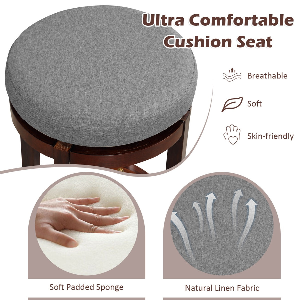 LIVSK Barkrukken Set van 2 - 360° Draaibaar - Comfortabele Zitting - Rubberhouten Poten - Tot 180 kg - Grijs en Bruin