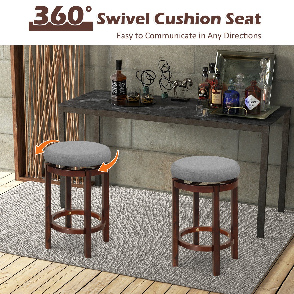 LIVSK Barkrukken Set van 2 - 360° Draaibaar - Comfortabele Zitting - Rubberhouten Poten - Tot 180 kg - Grijs en Bruin