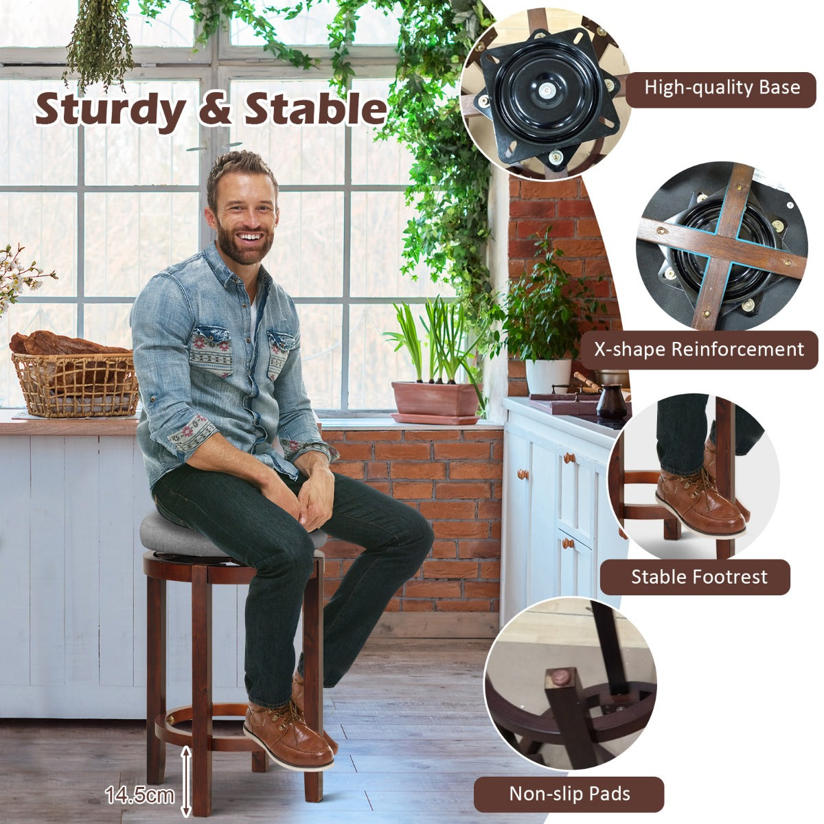 LIVSK Barkrukken Set van 2 - 360° Draaibaar - Comfortabele Zitting - Rubberhouten Poten - Tot 180 kg - Grijs en Bruin