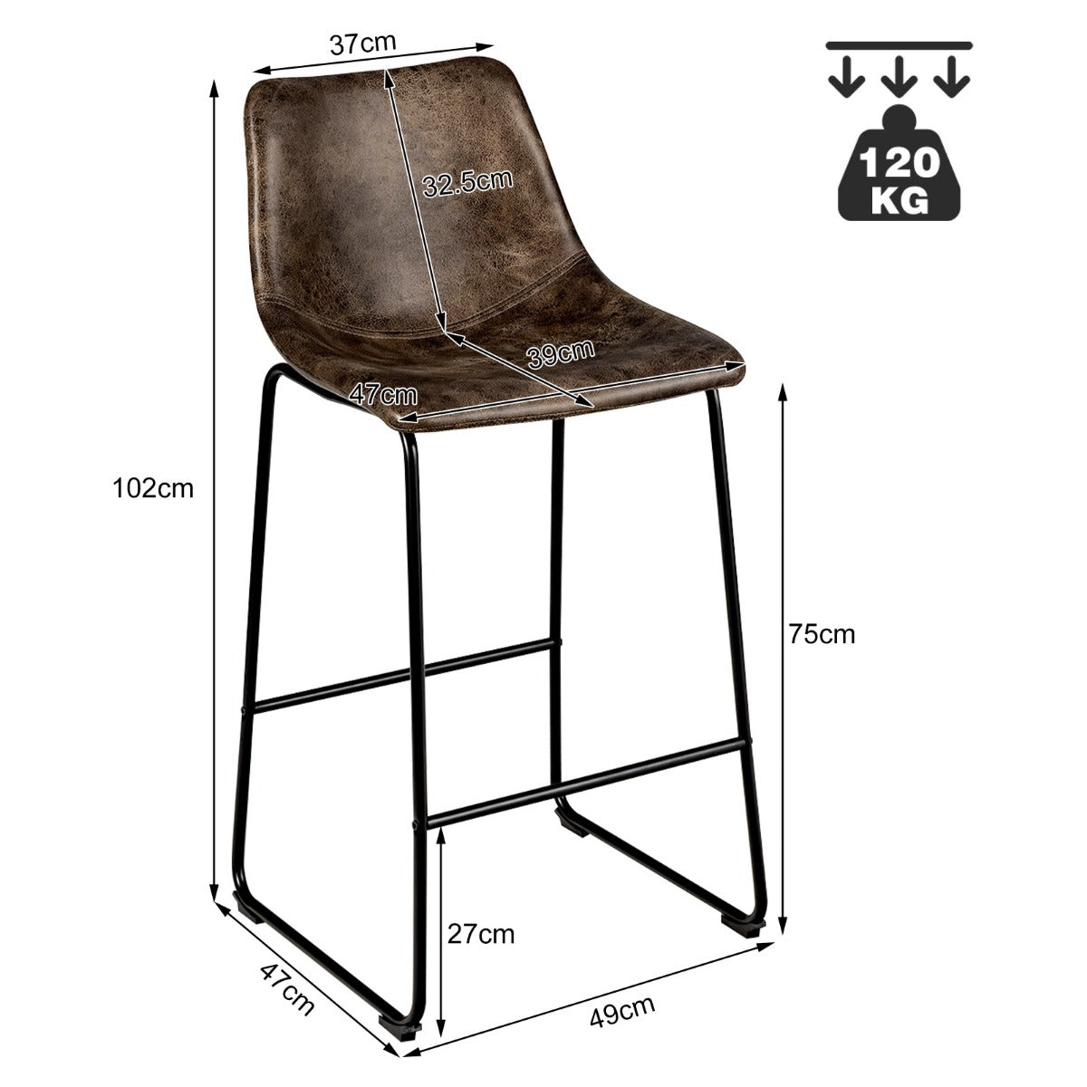 LIVSK Barkrukset van 2 - Gevoerde Imitatiesuède Zitting - Ergonomisch Ontwerp - Stevig Metalen Frame - Zithoogte 75 cm - Bruin