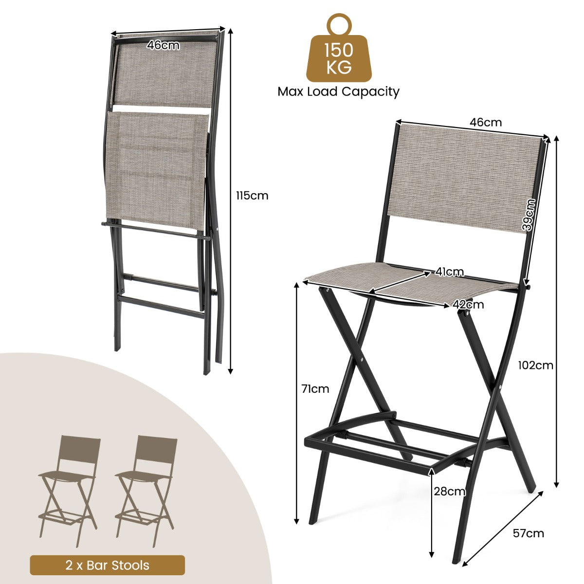 LIVSK Outdoor Barkrukset - Hoogwaardige Stof - Inklapbare Voetensteun - Roestvrij Metalen Frame - Tot 150 kg - Koffie