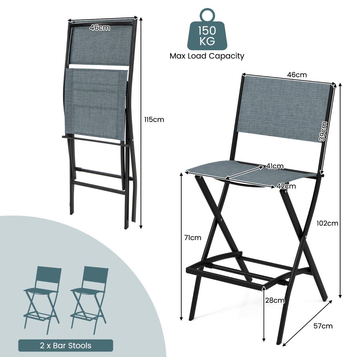 LIVSK Outdoor Barkrukken Set - Inklapbaar met Voetensteun - Duurzaam Metaal en Stof - Tot 150 kg - Koffie