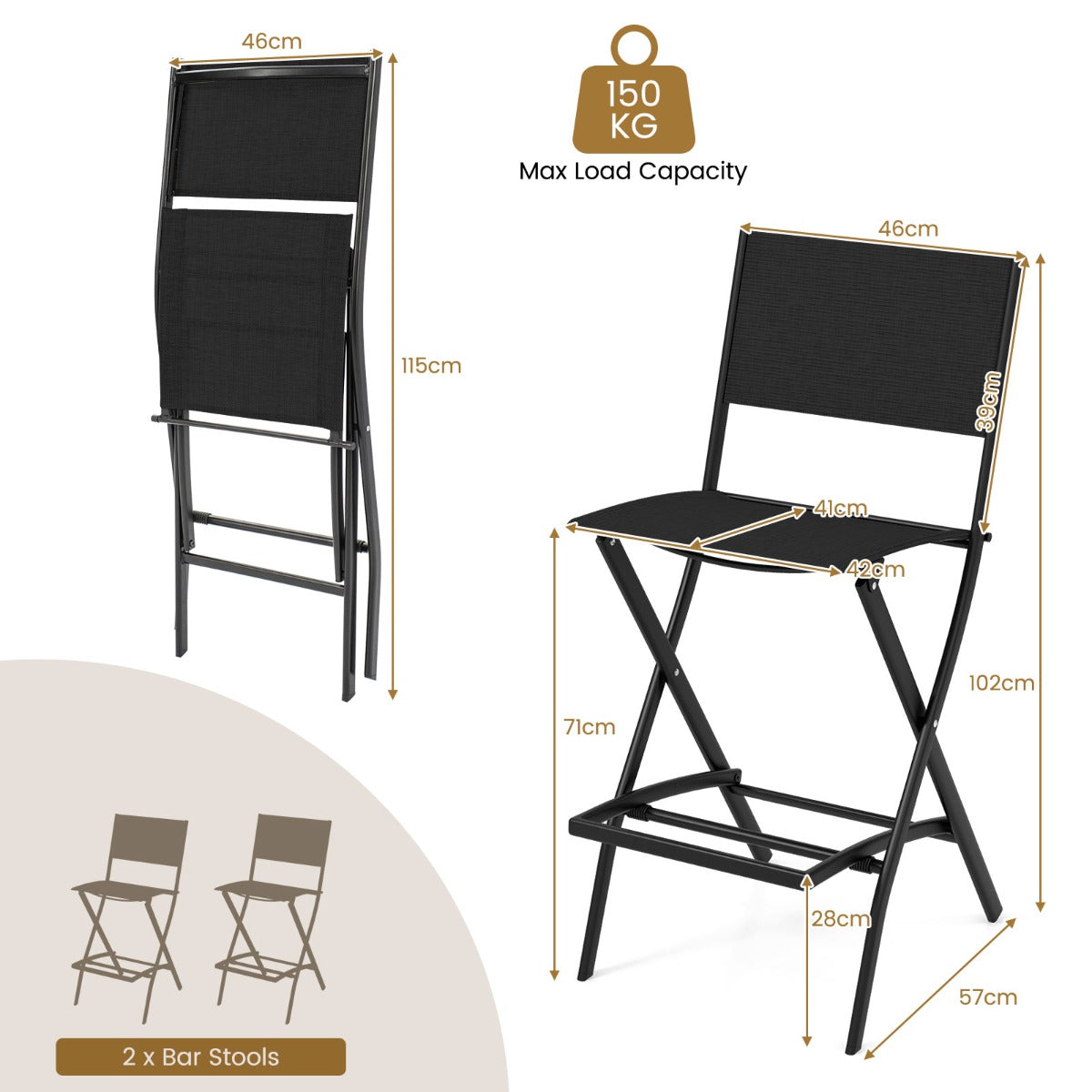 LIVSK Outdoor Barkrukken Set - Hoogwaardige Stof - Gecoat Metalen Frame - Belastbaar tot 150 kg - Eenvoudig Inklapbaar - Koffie