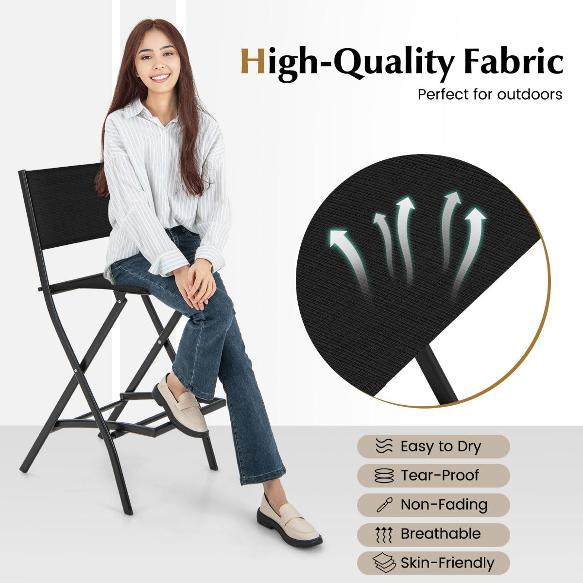 LIVSK Outdoor Barkrukken Set - Hoogwaardige Stof - Gecoat Metalen Frame - Belastbaar tot 150 kg - Eenvoudig Inklapbaar - Koffie