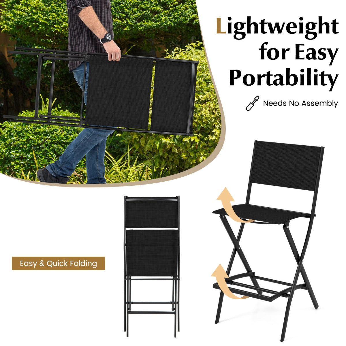 LIVSK Outdoor Barkrukken Set - Hoogwaardige Stof - Gecoat Metalen Frame - Belastbaar tot 150 kg - Eenvoudig Inklapbaar - Koffie