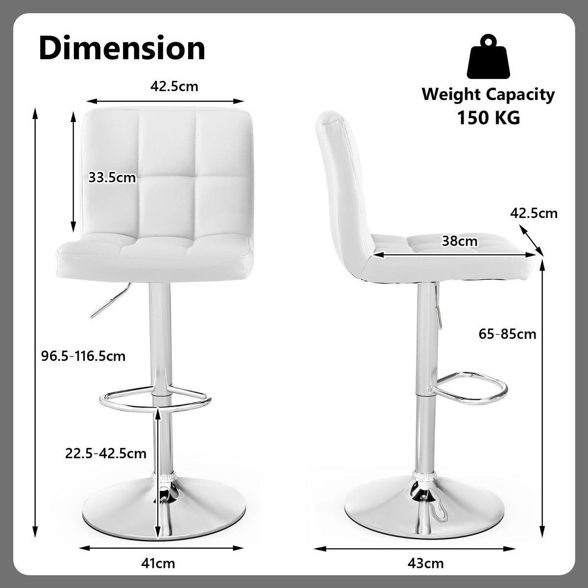 LIVSK Set van 2 Verstelbare Barstoelen - 360° Draaibaar - Schuine Rugleuning - Voetsteun - Tot 150 kg - Wit
