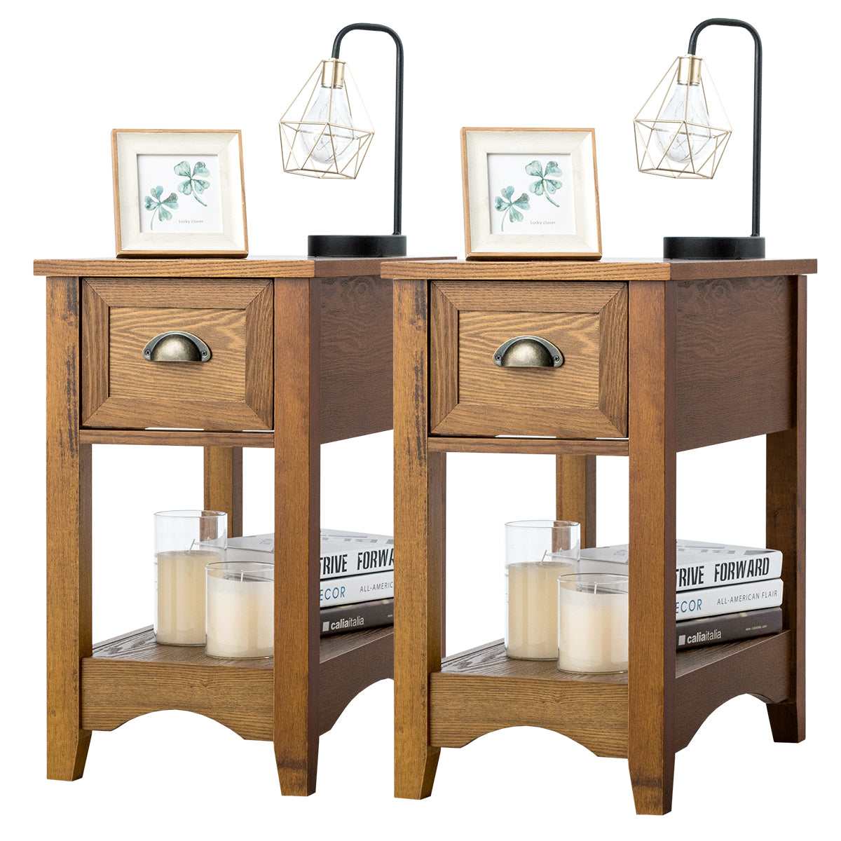 LIVSK Bijzettafels Set van 2 - Retro Design met Lade en Onderste Plank - Duurzaam en Stabiel - 56 x 33 x 58,5 cm - Geelbruin