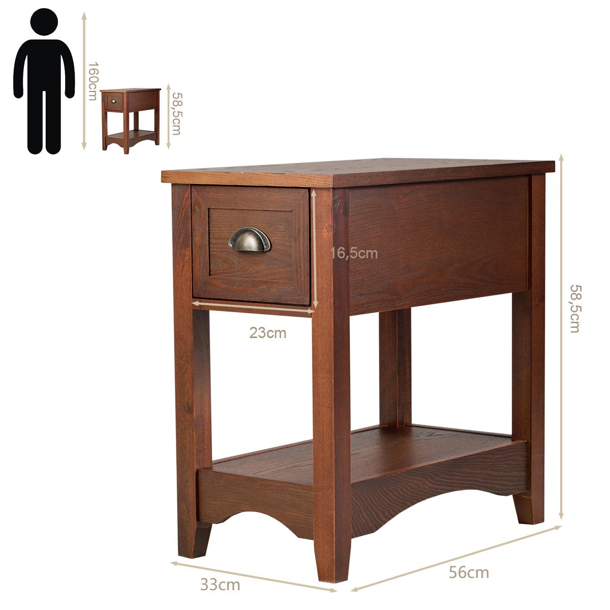 LIVSK Bijzettafel Set van 2 - Retro Design met Lade en Plank - Duurzaam MDF en Rubberhout - 56 x 33 x 58,5 cm - Roodbruin