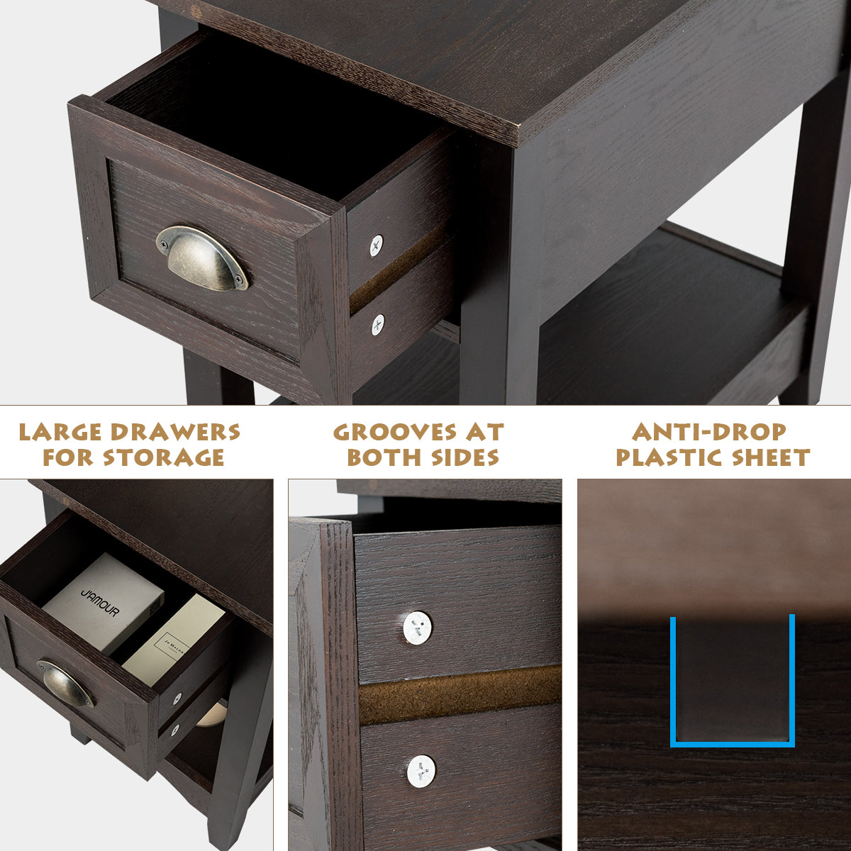 LIVSK Bijzettafel Set van 2 - Retrostijl met Lade en Plank - Duurzaam MDF en Rubberhout - Eenvoudig te Monteren - Walnoot