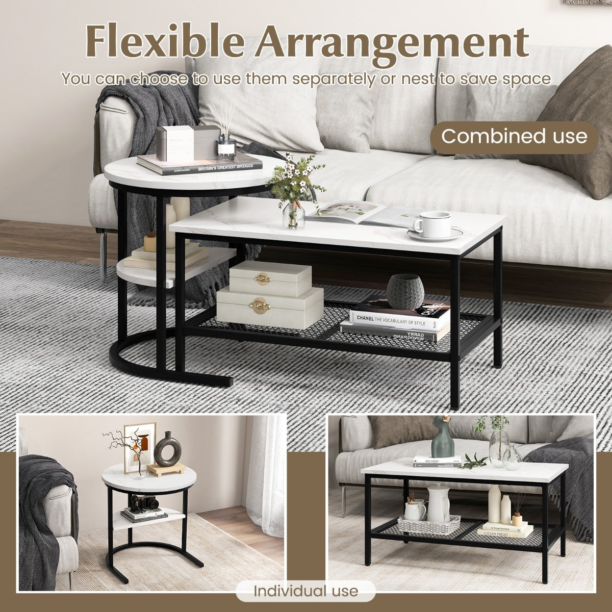 LIVSK Set Bijzettafels - Rechthoekige Salontafel en Ronde Bijzettafel - Faux Marmer - Metalen Frame - 80 x 46 x 41 cm - Zwart +