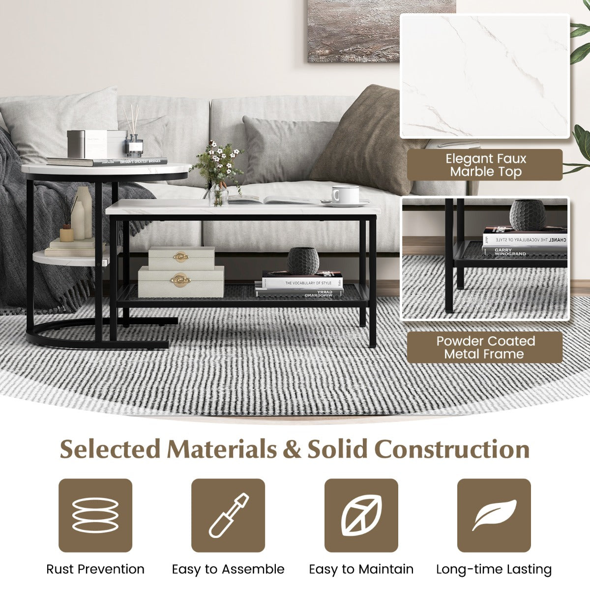 LIVSK Set Bijzettafels - Rechthoekige Salontafel en Ronde Bijzettafel - Faux Marmer - Metalen Frame - 80 x 46 x 41 cm - Zwart +