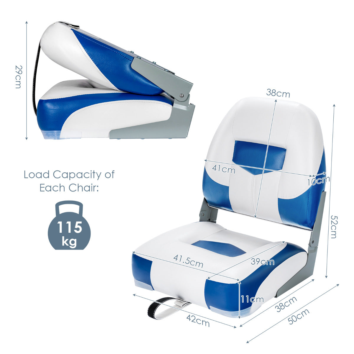 LIVSK Set van 2 Inklapbare Bootstoelen - 11 cm Dikke Sponsvulling - Gebogen Rugleuning - Waterdicht - Tot 110 kg - Blauw/Wit