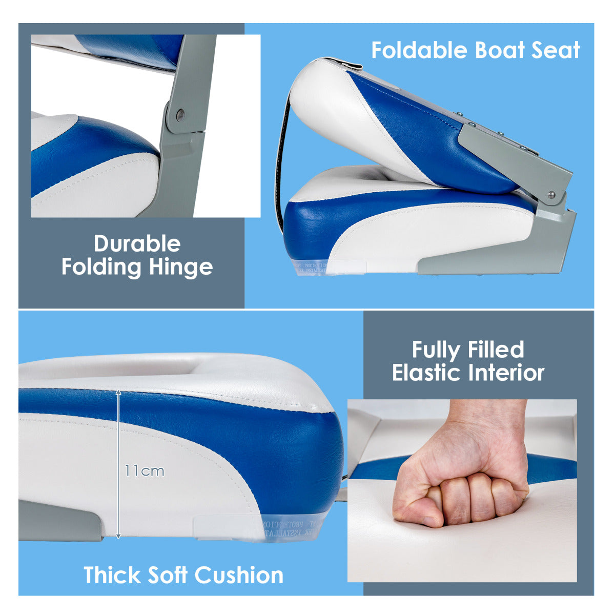 LIVSK Set van 2 Inklapbare Bootstoelen - 11 cm Dikke Sponsvulling - Gebogen Rugleuning - Waterdicht - Tot 110 kg - Blauw/Wit