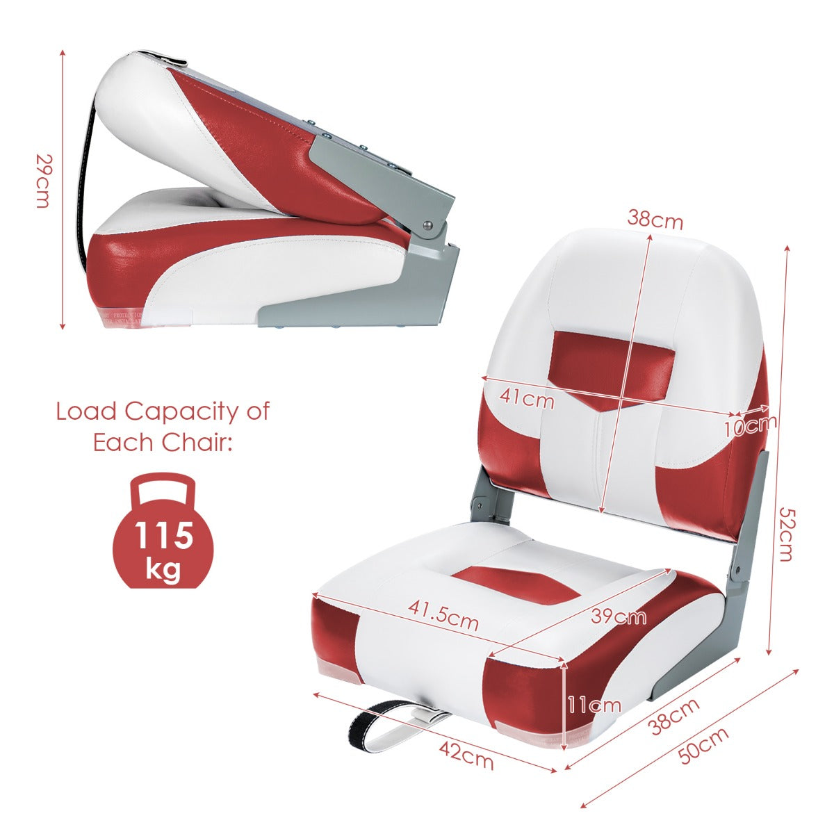 LIVSK Set van 2 Bootstoelen - Inklapbaar - Luxe Schuimvulling - Waterdicht PVC - Tot 110 kg - Rood + Wit