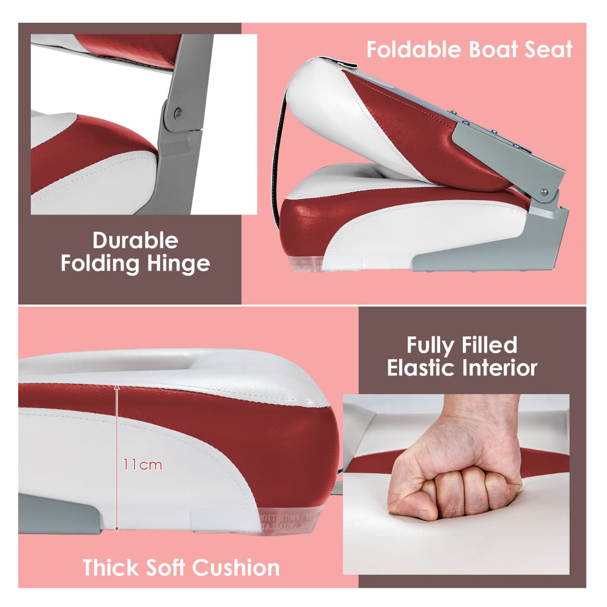 LIVSK Set van 2 Bootstoelen - Inklapbaar - Luxe Schuimvulling - Waterdicht PVC - Tot 110 kg - Rood + Wit