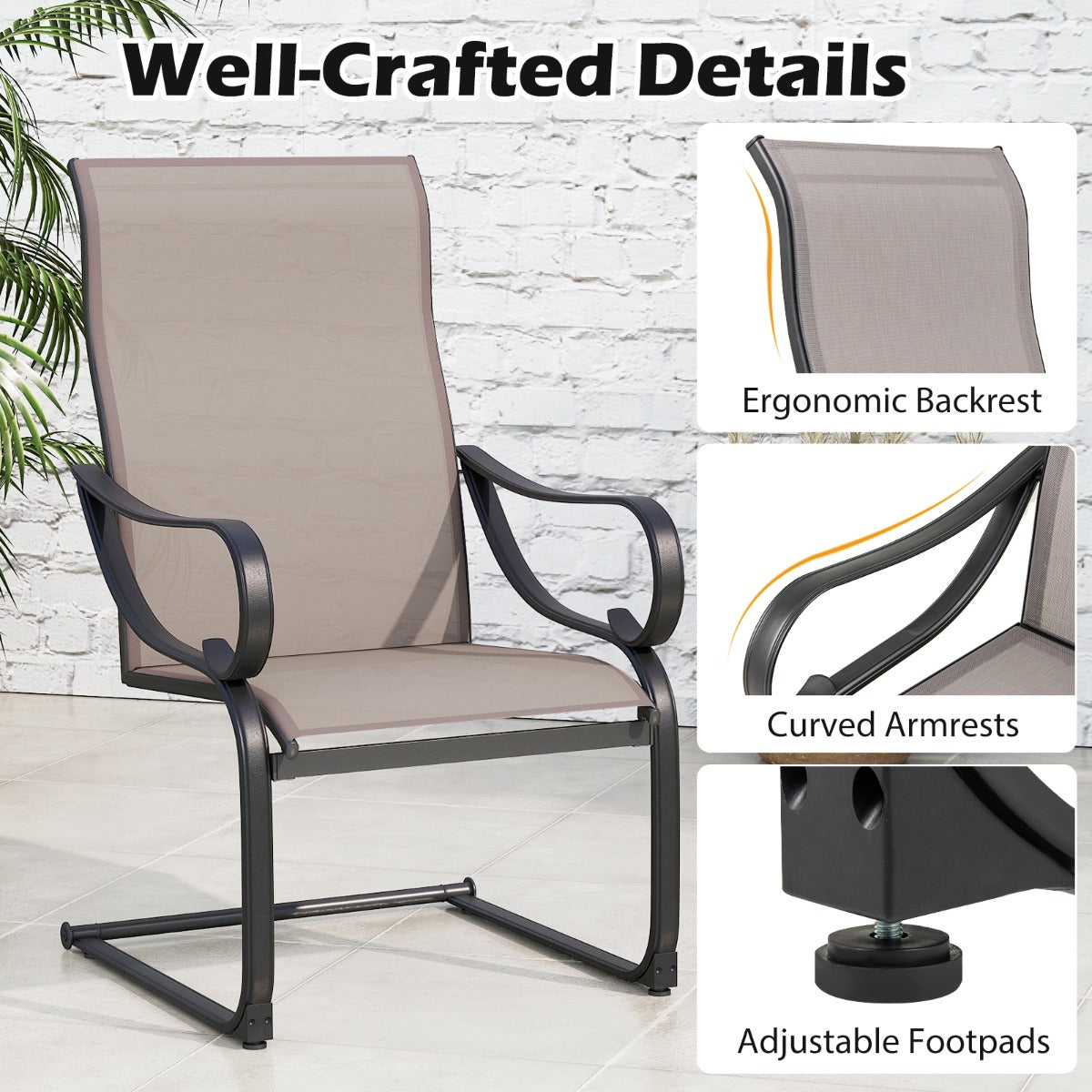 LIVSK Buitenstoelen Set van 2 - C-Veerontwerp - Ergonomische Rugleuning - Tot 150 kg - Ademend - 69 x 62 x 108 cm - Grijs