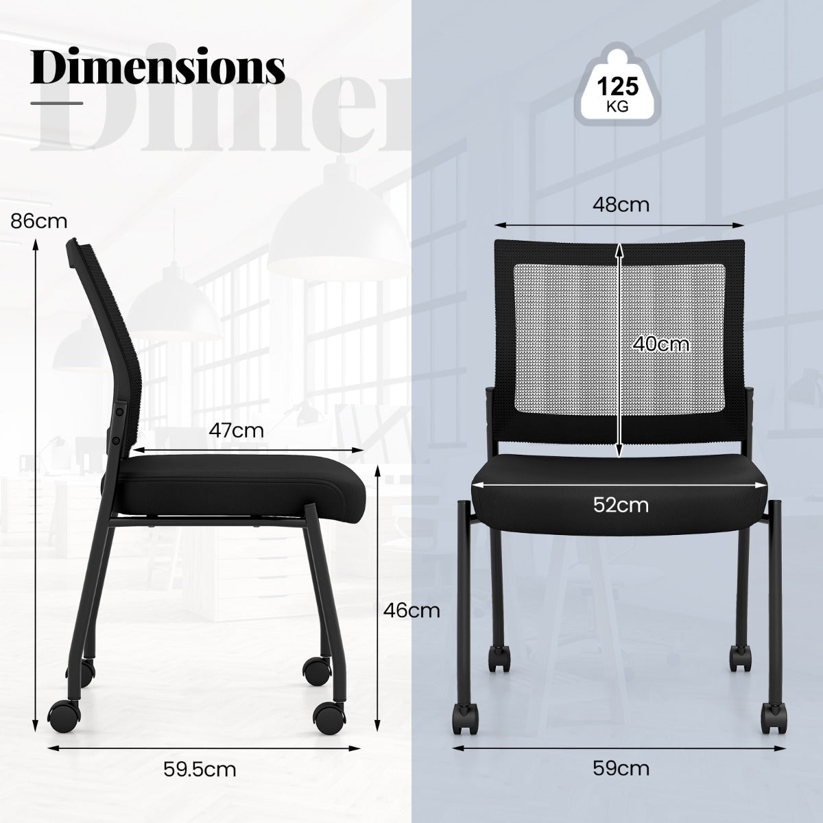 LIVSK Ergonomische Netstoelen - Ademend met Pluche Gevoerde Zitting - Stapelbaar en Soepel Rollende Wielen - Tot 125 kg - Zwart