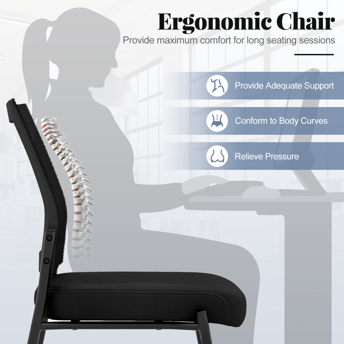LIVSK Ergonomische Netstoelen - Ademend met Pluche Gevoerde Zitting - Stapelbaar en Soepel Rollende Wielen - Tot 125 kg - Zwart