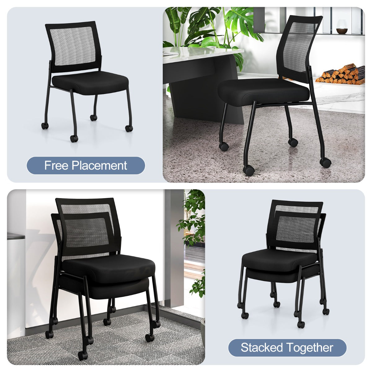 LIVSK Ergonomische Netstoelen - Ademend met Pluche Gevoerde Zitting - Stapelbaar en Soepel Rollende Wielen - Tot 125 kg - Zwart