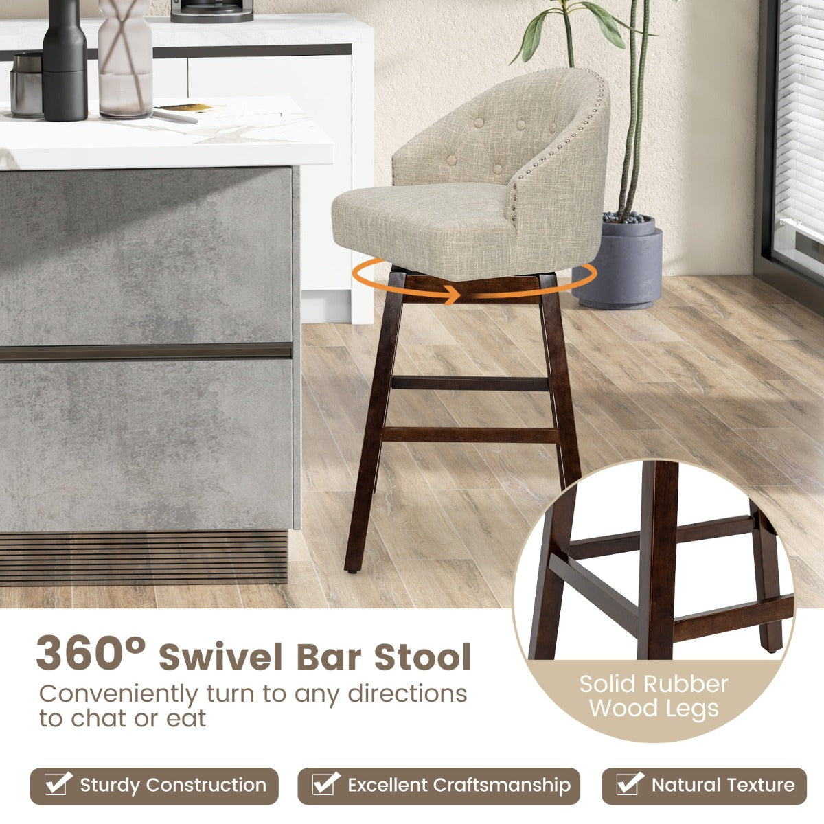 LIVSK Draaibare Barstoelen - Ergonomische Rugleuning - Rubberhouten Poten - Elegant Gestoffeerd - Tot 160 kg - Beige + Bruin