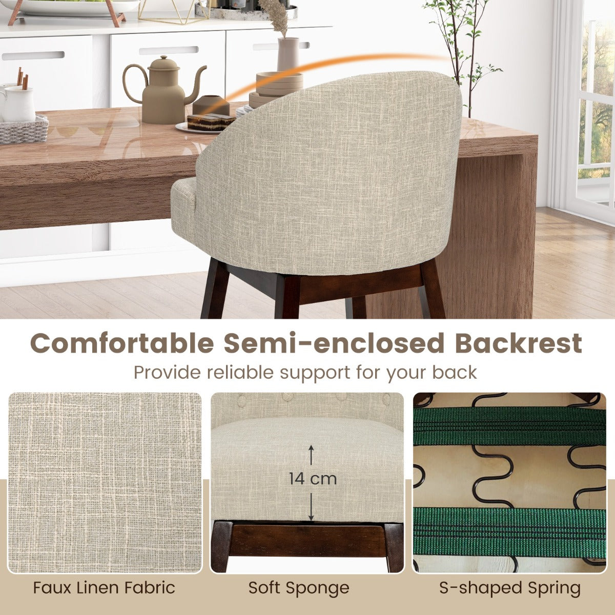 LIVSK Draaibare Barstoelen - Ergonomische Rugleuning - Rubberhouten Poten - Elegant Gestoffeerd - Tot 160 kg - Beige + Bruin