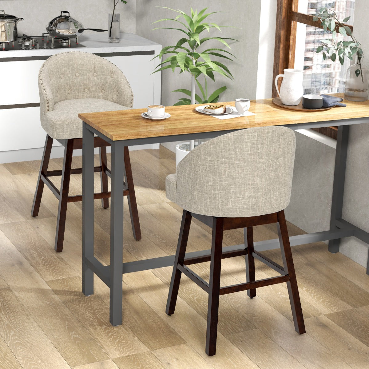 LIVSK Draaibare Barstoelen - Ergonomische Rugleuning - Rubberhouten Poten - Elegant Gestoffeerd - Tot 160 kg - Beige + Bruin