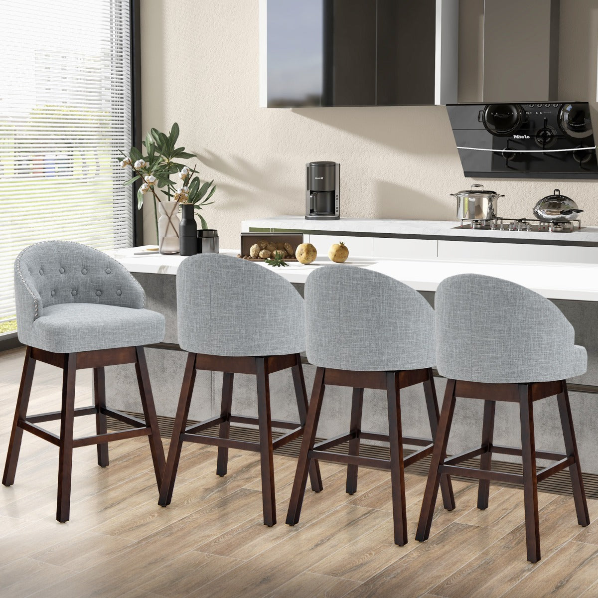 LIVSK Gewatteerde Barstoelen met Klinknagel - 360° Draaifunctie - Ergonomisch Comfort - Voor Bartafels 101-110 cm - Grijs + Bruin