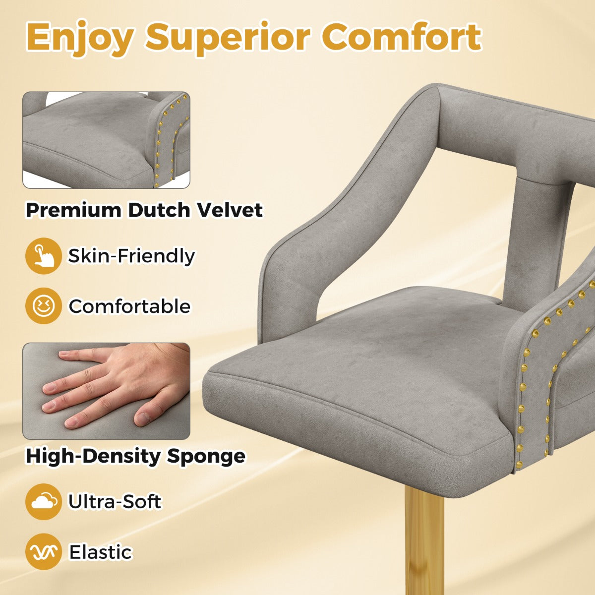 LIVSK Barkrukken Set - Nederlands Fluweel - Verstelbare Zithoogte 63-85 cm - Draaibaar - Max. 150 kg - Grijs en goud