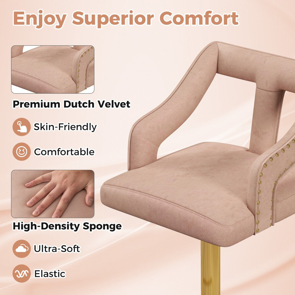 LIVSK Luxe Barstoelen Set - Verstelbare Hoogte 63-85 cm - Draaibare Zitting - Zacht Nederlands Fluweel - Grijs en Goud