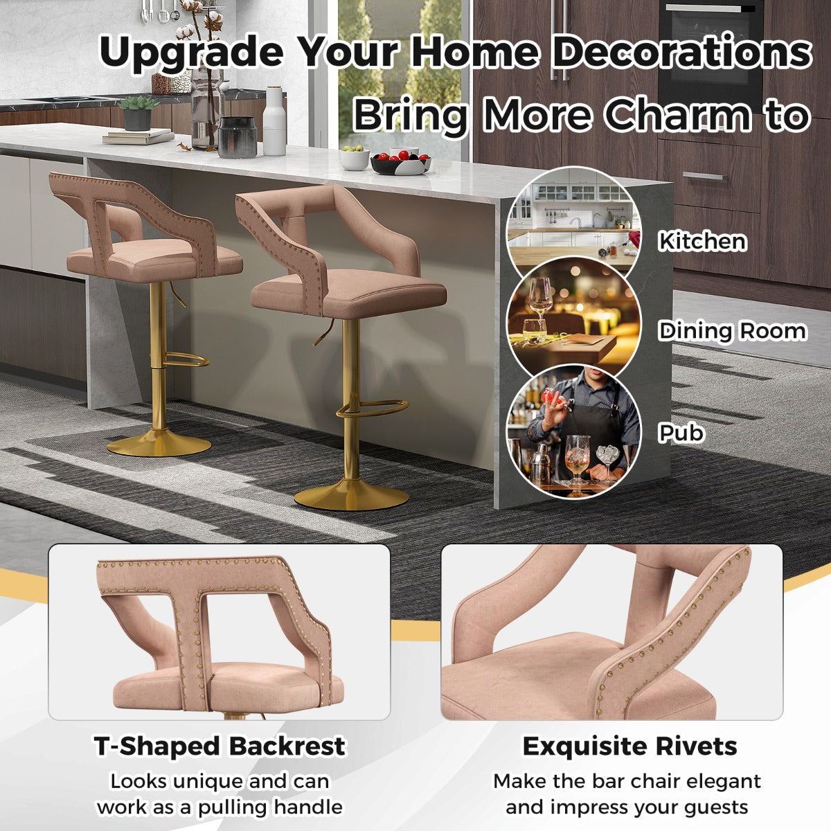 LIVSK Luxe Barstoelen Set - Verstelbare Hoogte 63-85 cm - Draaibare Zitting - Zacht Nederlands Fluweel - Grijs en Goud