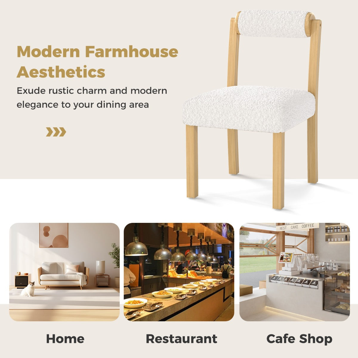 LIVSK Houten Eetkamerstoelen - Rubberhouten Frame - Ergonomisch Comfort - Imitatie Sherpa - Draagvermogen 150 kg - Naturel + Wit