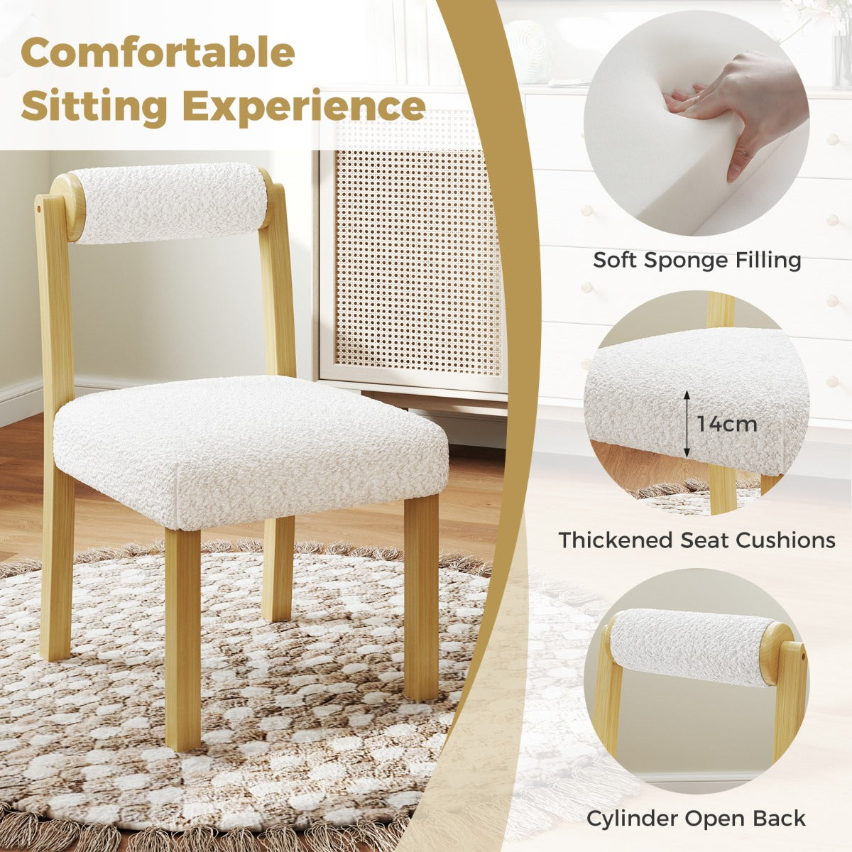 LIVSK Houten Eetkamerstoelen - Rubberhouten Frame - Ergonomisch Comfort - Imitatie Sherpa - Draagvermogen 150 kg - Naturel + Wit