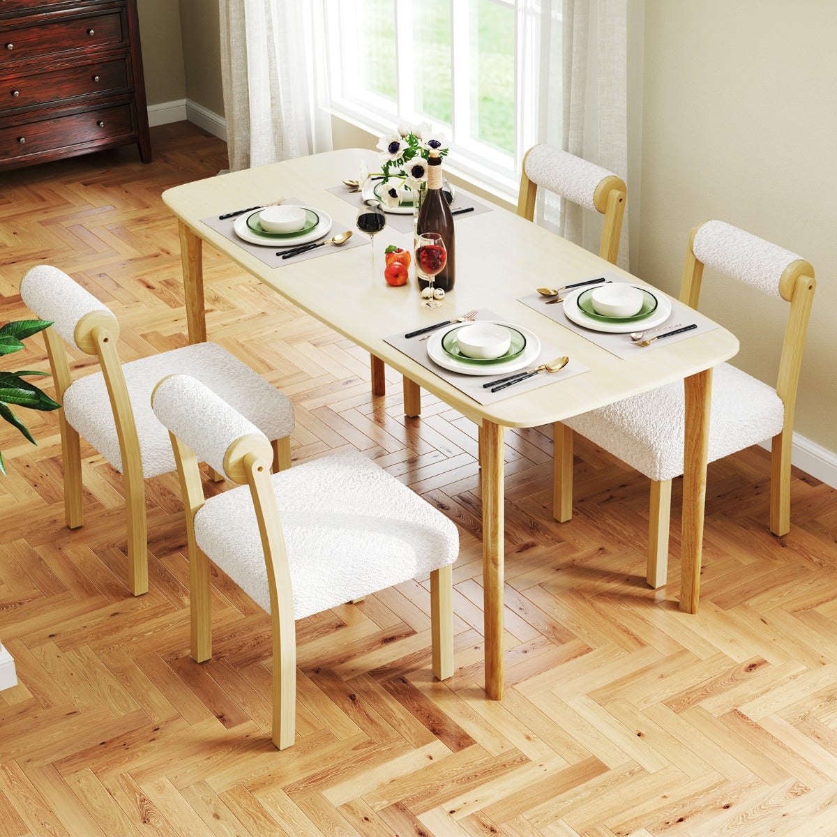 LIVSK Houten Eetkamerstoelen - Rubberhouten Frame - Ergonomisch Comfort - Imitatie Sherpa - Draagvermogen 150 kg - Naturel + Wit