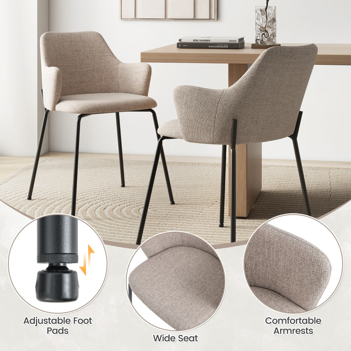 LIVSK Ergonomische Eetkamerstoelen - Comfortabele Rugleuning en Armleuningen - Slijtvast Materiaal - Tot 150 kg - Beige