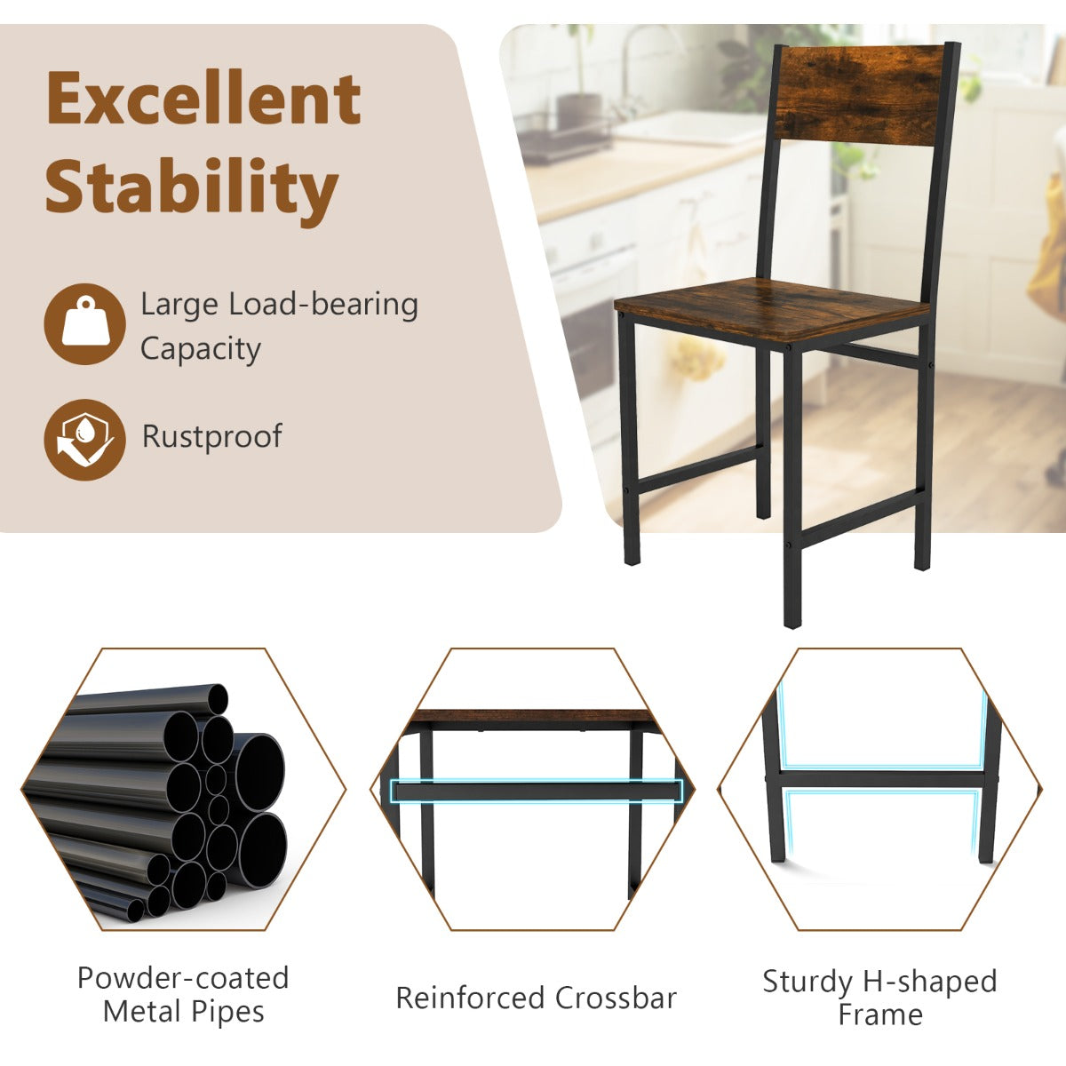 LIVSK Set van 2 Eetkamerstoelen - Ergonomische Rugleuning - Metalen Frame - Tot 150 kg - 44 x 40 x 87 cm - Bruin