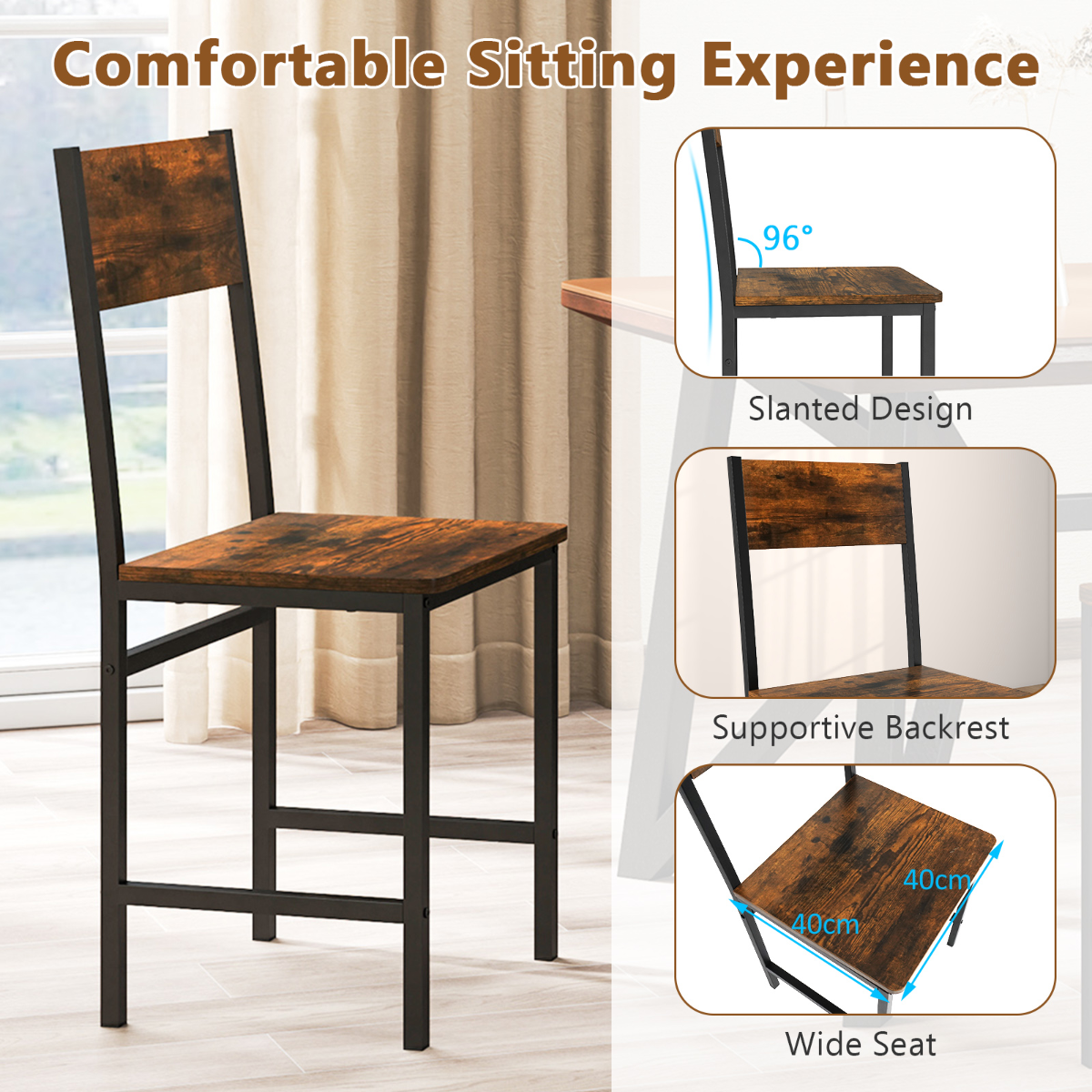 LIVSK Set van 2 Eetkamerstoelen - Ergonomische Rugleuning - Metalen Frame - Tot 150 kg - 44 x 40 x 87 cm - Bruin