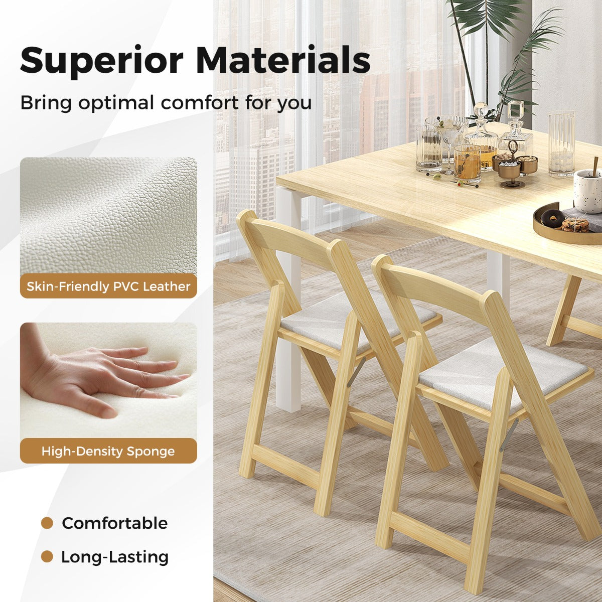 LIVSK Opvouwbare Eetkamerstoelen - Ergonomisch Design - PVC-leer - Rubberhouten Poten - Tot 160 kg - Natuur