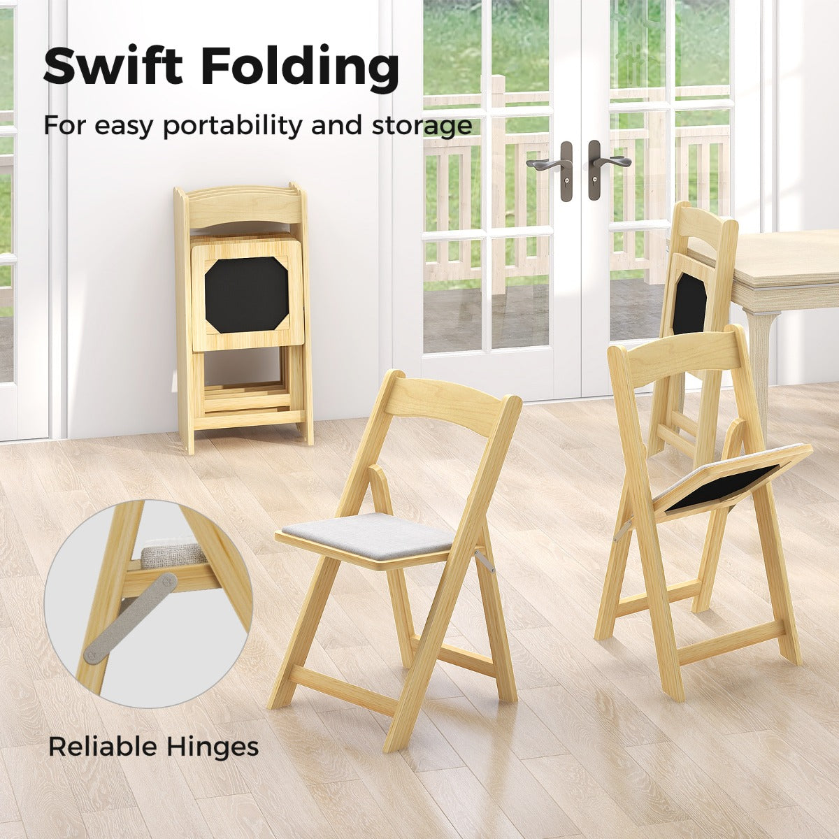 LIVSK Opvouwbare Eetkamerstoelen - Ergonomisch Design - PVC-leer - Rubberhouten Poten - Tot 160 kg - Natuur