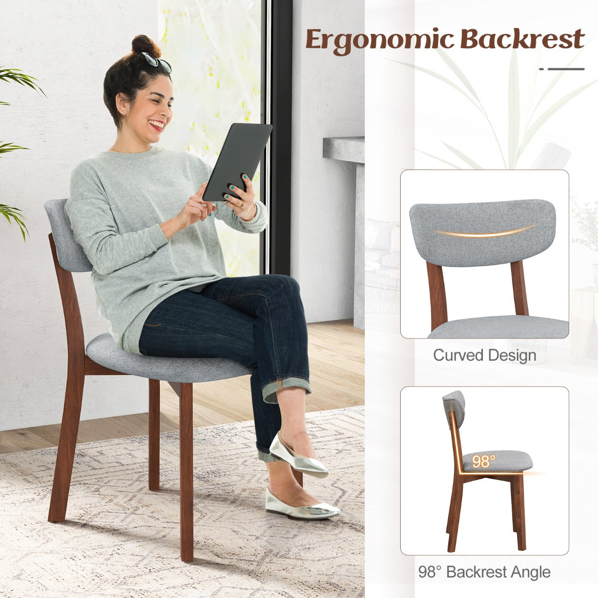 LIVSK Eetkamerstoelen Set van 2 - Ergonomisch Ontwerp - Heveahout - Draagvermogen 130 kg - Beige/grijs - Walnoot
