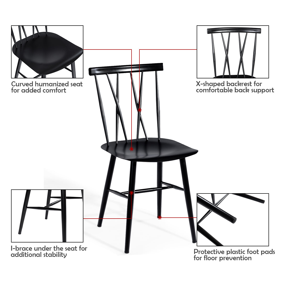 LIVSK Eetkamerstoelen Set van 2 - Ergonomische X-vormige Rugleuning - Robuust Metaal - Draagvermogen 150 kg - Zwart