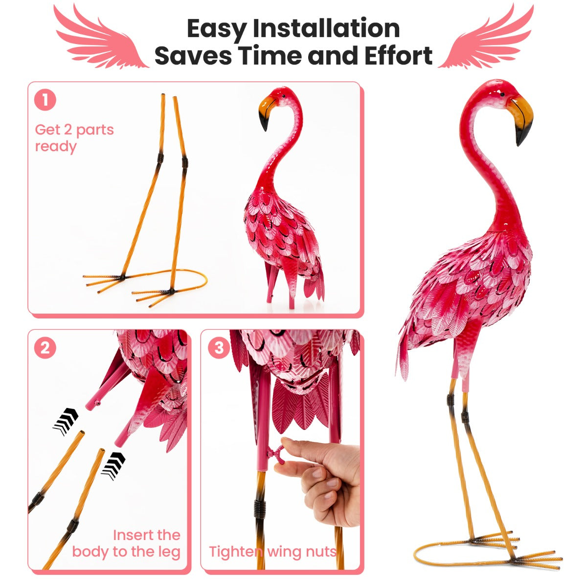 LIVSK Flamingo Beeldjes Set - Sterk Metaal - Waterdicht - Eenvoudige Montage - 20 x 27 x 89 cm - Roze