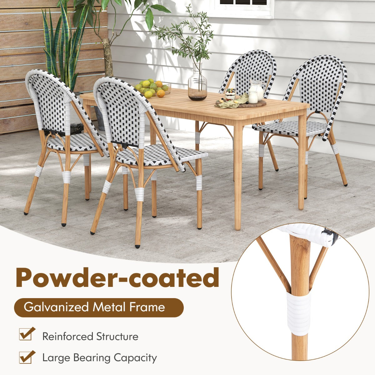 LIVSK Handgeweven Rotanstoelen - Gegalvaniseerd Metalen Frame - Ergonomisch Ontwerp - Duurzaam en Lichtgewicht - Wit + Zwart