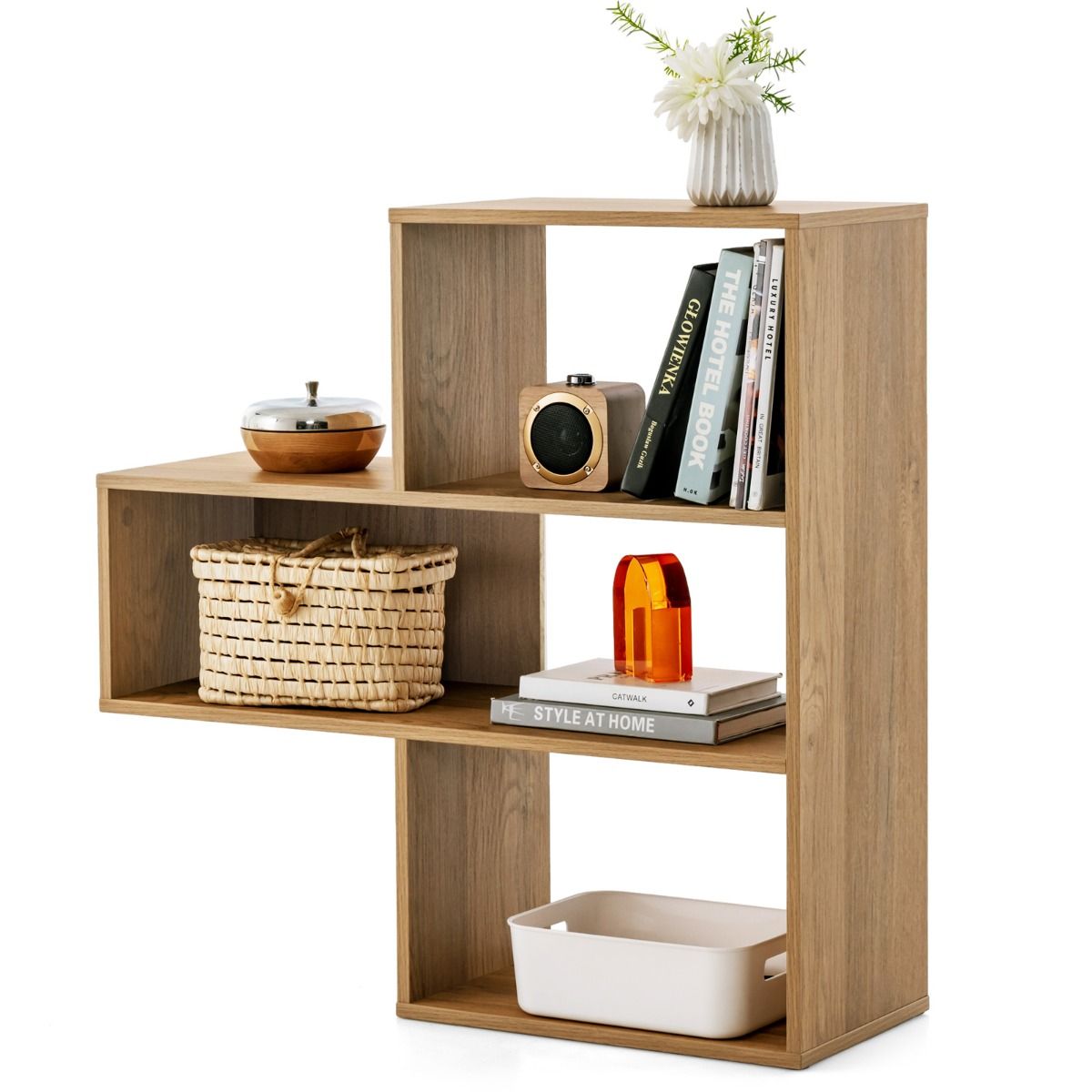 Livsk costway set van 2 geometrische concave convexe boekenkasten met 3 open planken voor boeken en decoratie in een moderne natuurlijke stijl 1 1