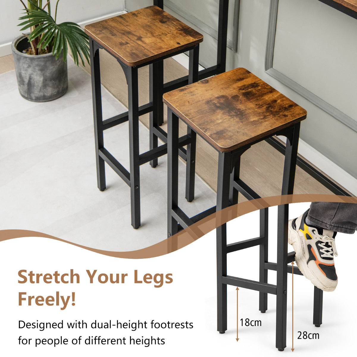 LIVSK Barkrukken Set van 2 - Metaal met Verstelbare Voetensteunen - Tot 150 kg - Industrieel Design - Rustiek Bruin